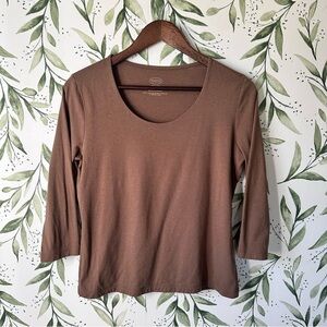 Talbots Cotton Modal Cropped Sleeve Scoop Neck Top. Brown. Medium Petite.